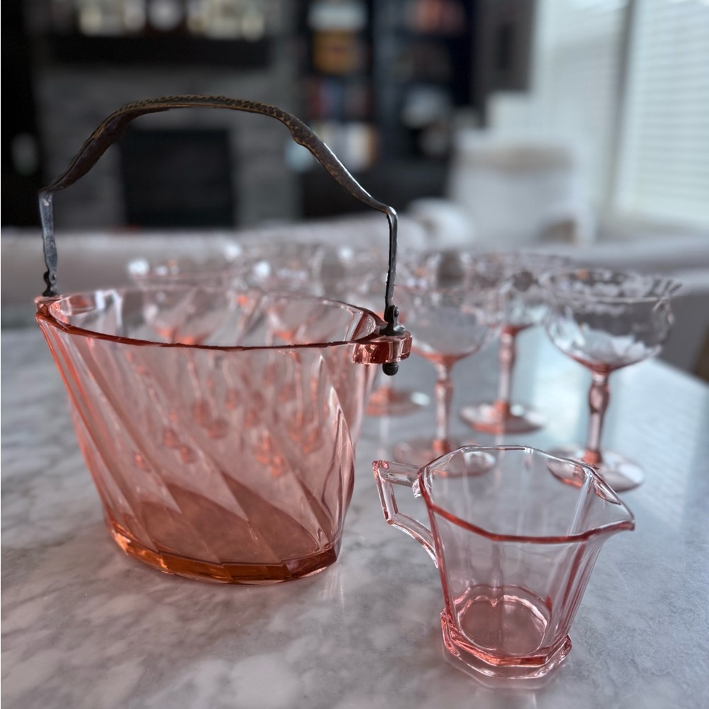 Vintage Pink Glass Ice Bucket and Creamer Set